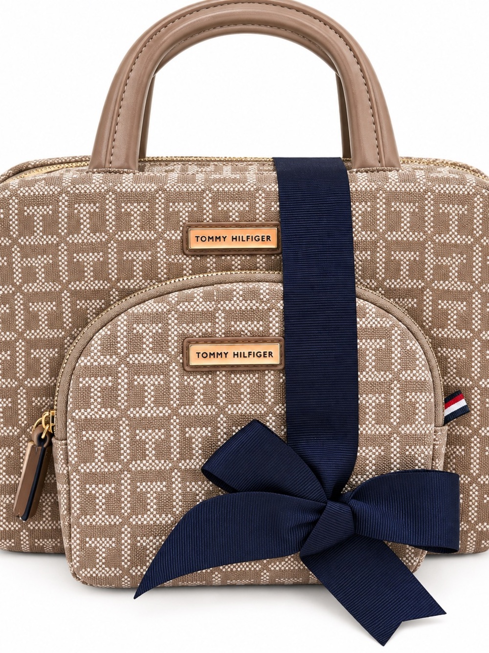 Tommy Hilfiger Beige Monogram Mini Satchel with Navy Bow